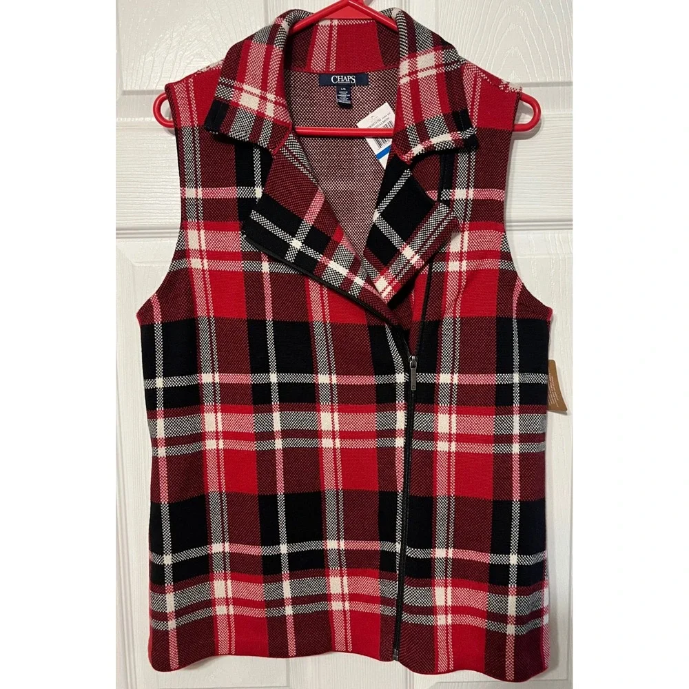 Chaps Womens Plaid Vest Sleeveless Top Collared Full Zip Red Black‎ White L/G
